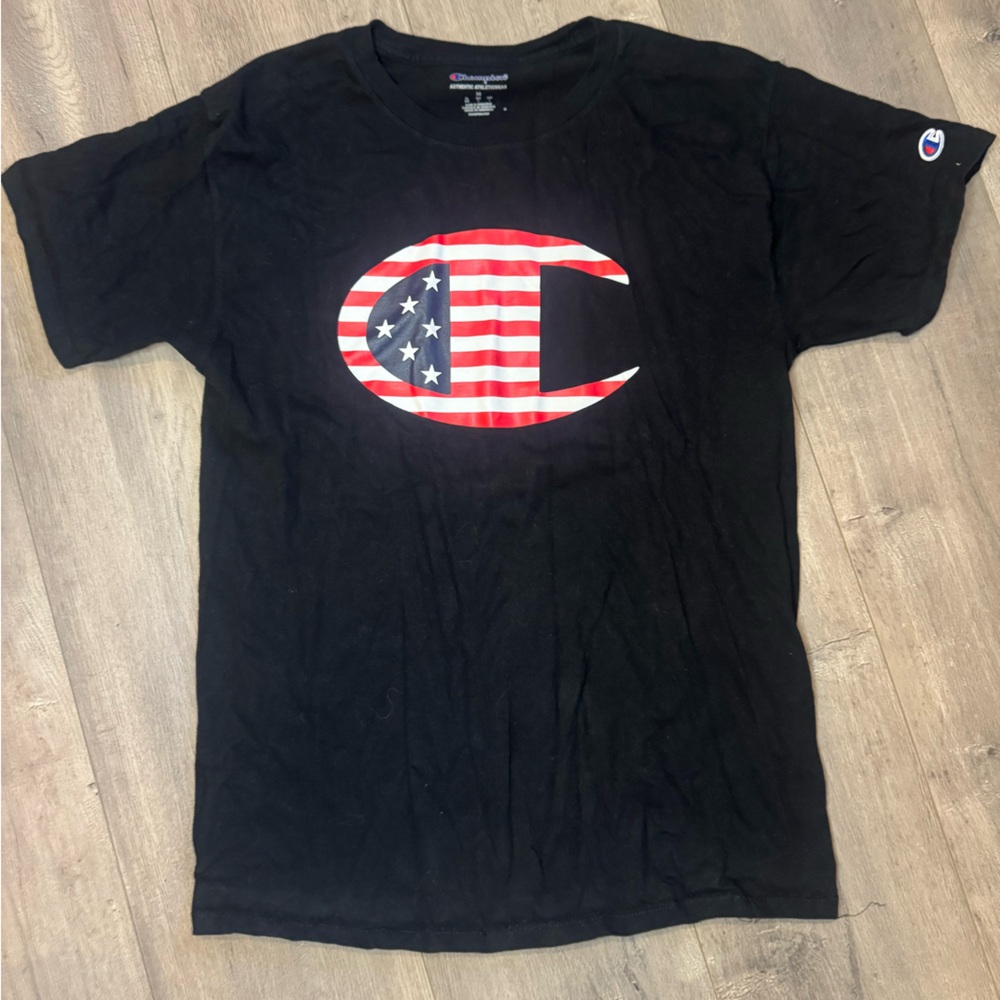 Champion Men’s Medium Black Tee – USA Flag Logo